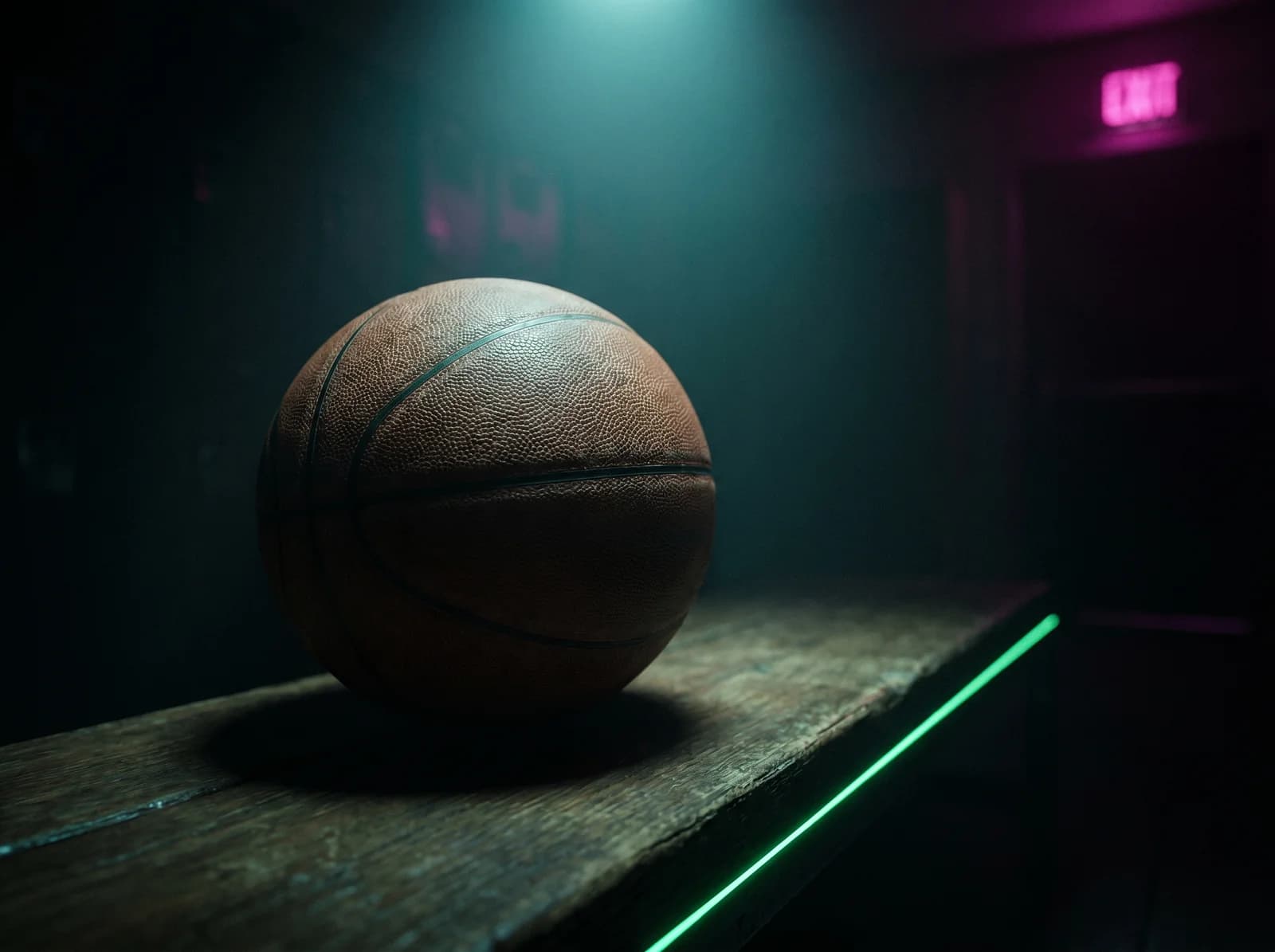 Leather basketball on a dark locker bench with a neon-green LED strip along the edge