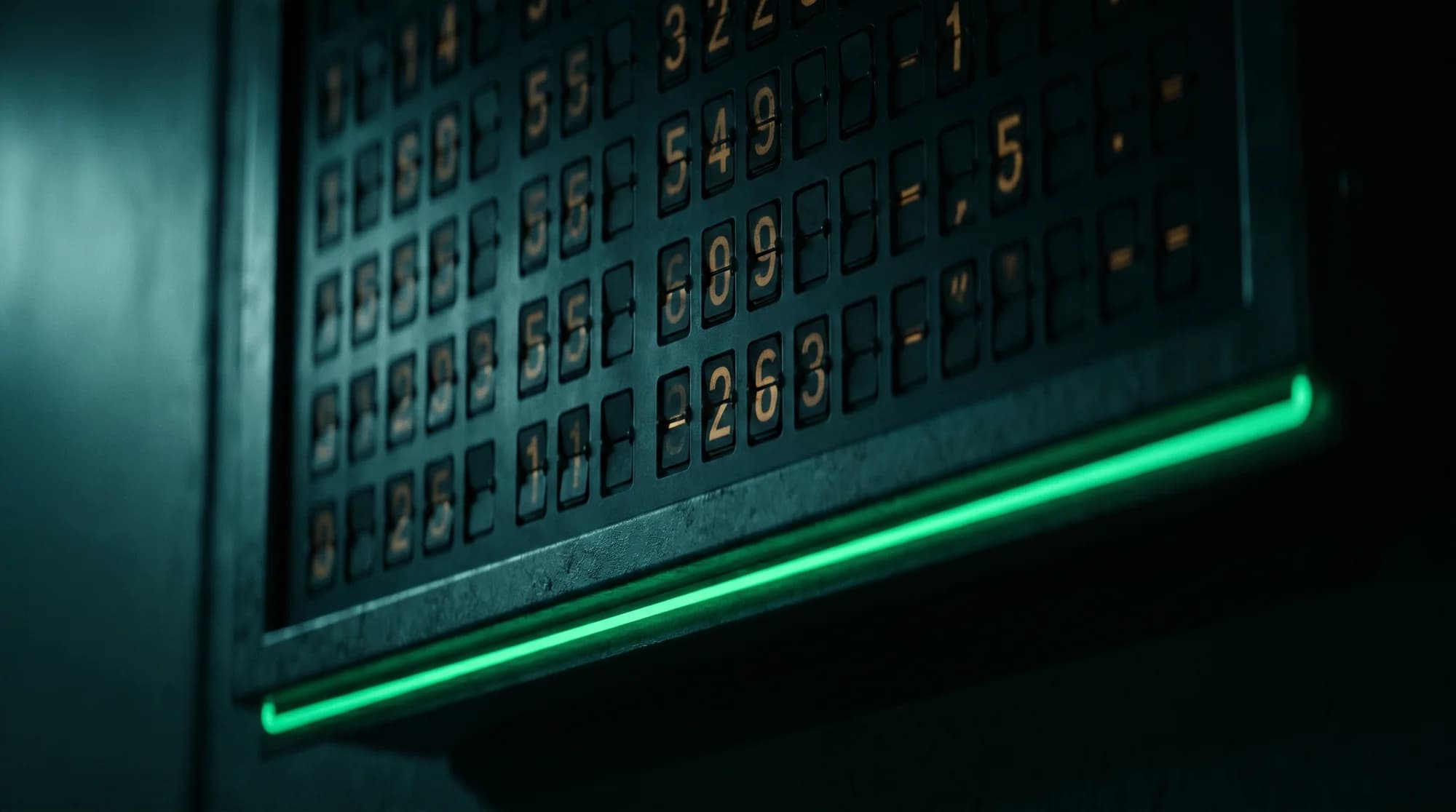 Close-up of a flip-dot scoreboard glowing behind a thin neon-green LED rail